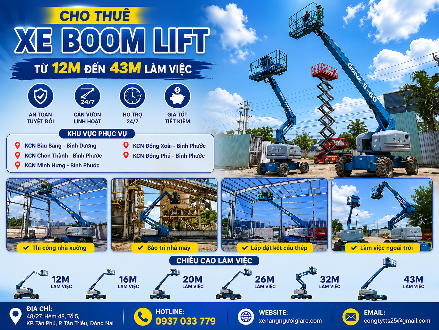 xe boom lift bên anh có xe chiều cao từ 12m làm việc đến 43m